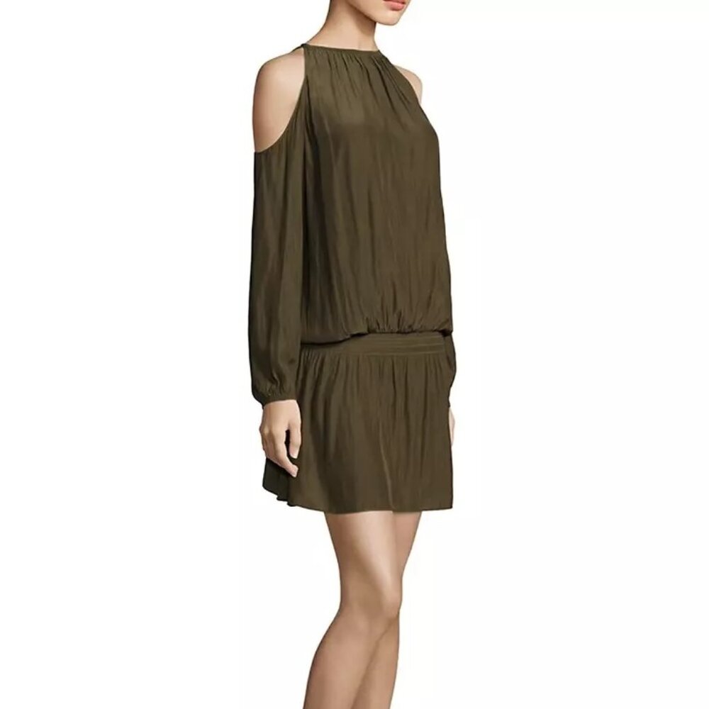 RAMY BROOK SzS LAUREN DRESS ,LONG SLEEVE COLD SHOULDER SHIRRED WAIST URBAN GREEN